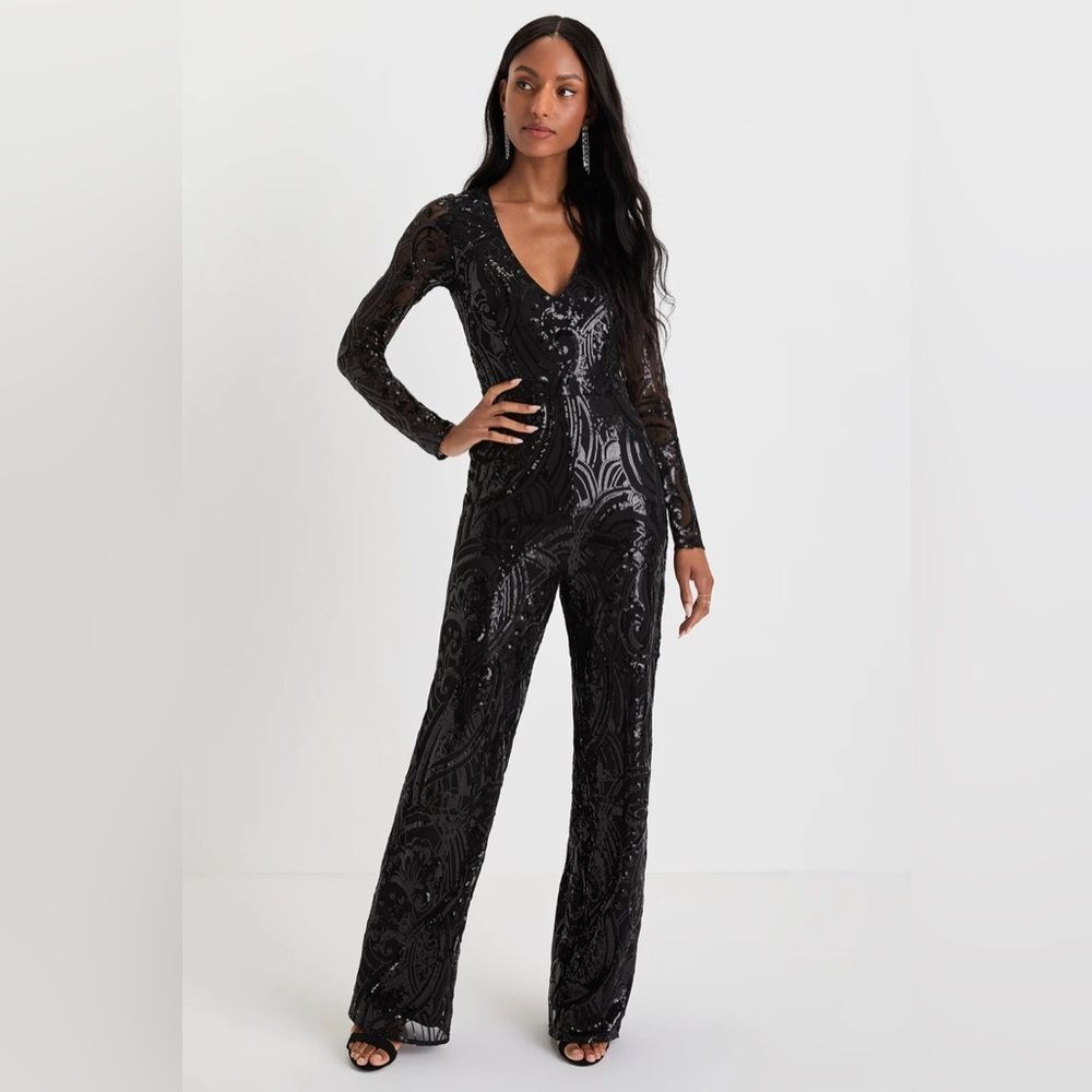Lulus Undeniable Radiance Black Mesh Sequin Long Sleeve Jumpsuit